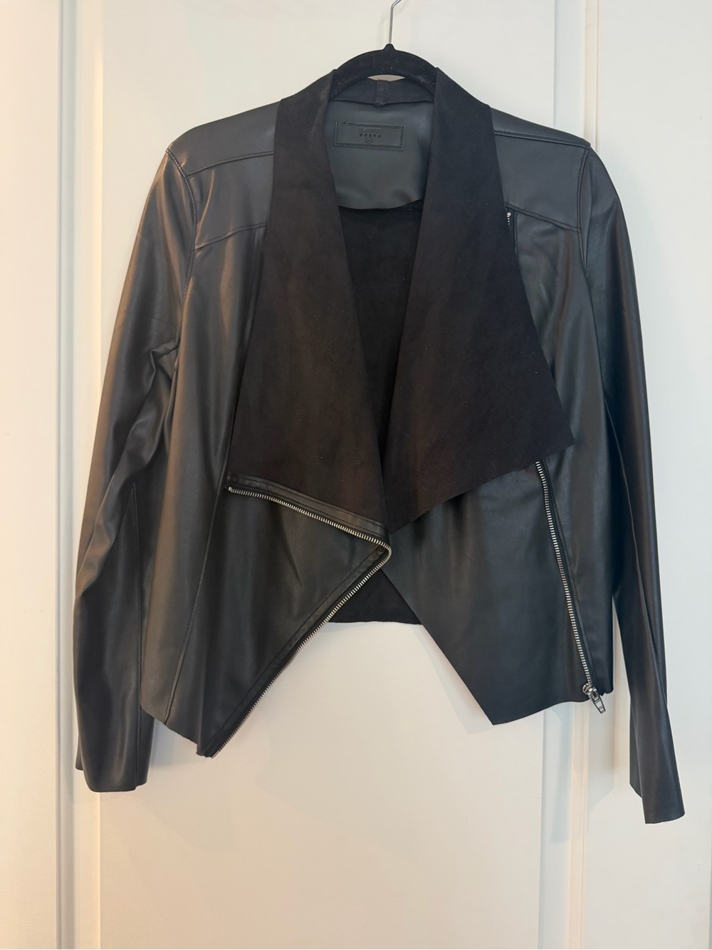 BLANKNYC Black Draped Faux Leather Jacket with Suede Collar